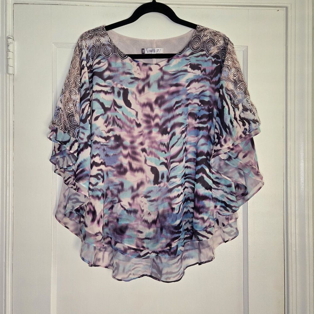 Jennifer Lopez Size Small Abstract Print Layered Ruffle Sleeve Woven Poncho Top